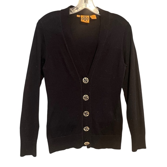 Tory Burch Merino Wool Navy Cardigan Gold Logo Buttons Small - Picture 1 of 7
